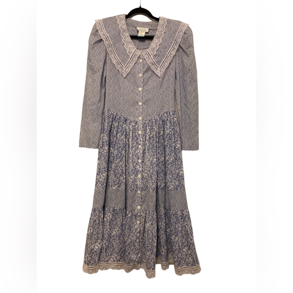 Vintage Gunne Sax Blue Floral Lace Prairie Long Sleeve Maxi Dress Size 9/10